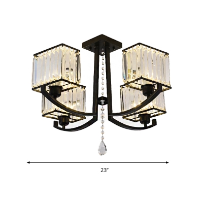 Black Rectangle Flush Light Fixture Modern Tri-Sided Crystal Rod 4/8 Heads Ceiling Lamp