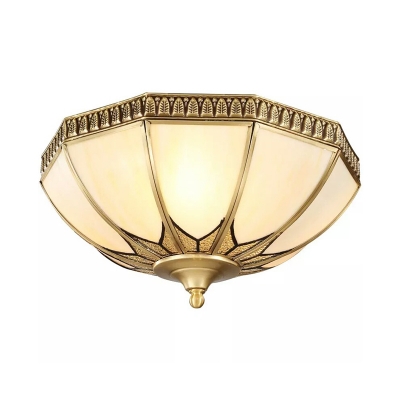 Bowl Milky Glass Ceiling Mounted Fixture Colonial 3 Bulbs Living Room Flush Mount Ceiling Lamp in Brass