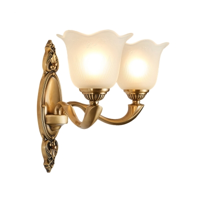Brass 1/2-Head Wall Light Metal Curved Wall Sconce Lamp with Frosted Glass Petal Shade for Living Room