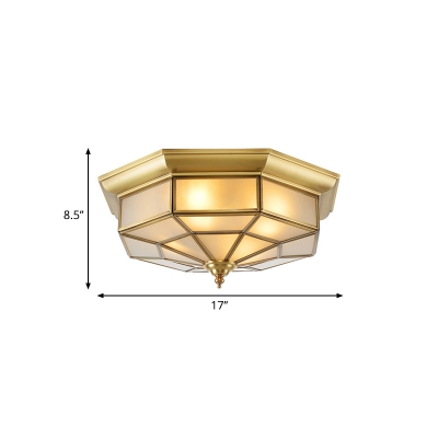 Brass 4/6 Heads Flush Mount Lamp Colonialism Sandblasted Glass Prismatic Ceiling Fixture for Living Room, 17