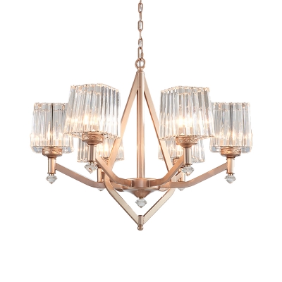 Clear Pyramid Glass Shade Hanging Chandelier Contemporary 6 Bulbs Hanging Ceiling Light in Copper Finish