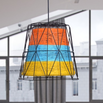 Country Wire Cage Pendant Light Metal and Rope 1 Head Indoor Hanging Lamp with Bucket Shade in White/Blue-Orange-Yellow