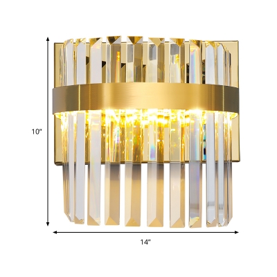 Demilune Cylinder Wall Light Sconce Contemporary Crystal Prism 2 Heads Wall Mounted Lighting in Gold