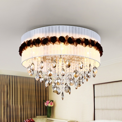 Fabric Circle Flushmount Lighting Vintage 6 Lights Bedroom Flush Ceiling Light with Crystal Bead Decoration in White