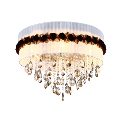Fabric Circle Flushmount Lighting Vintage 6 Lights Bedroom Flush Ceiling Light with Crystal Bead Decoration in White