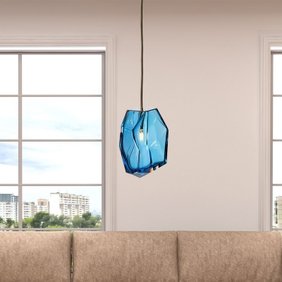 Faceted Blue Glass Hanging Lamp Kit Simple Style 1 Light Pendant Lighting Fixture