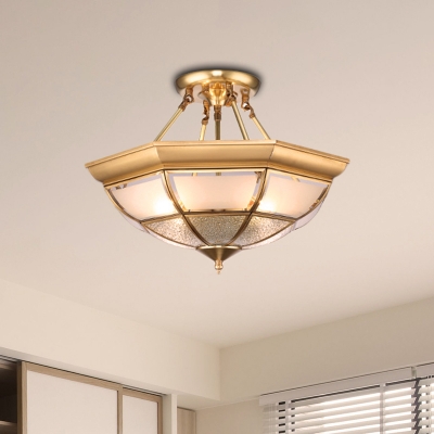 Frosted Glass Brass Ceiling Flush Bowl 4 Heads Colonialist Semi Flush Mount Chandelier for Living Room, 16