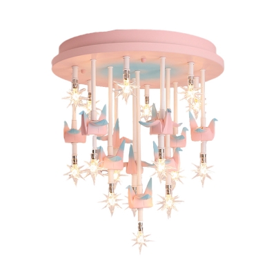 Horse/Crane Flush Mount Lighting Cartoon Resin 13/16 Lights Blue/Pink Flush Mount Lamp with Clear Blown Glass Shade