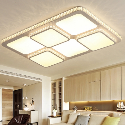 LED Crystal Flush Mount Lighting Fixture Modern White Square Living Room Close to Ceiling Light in White/Warm Light