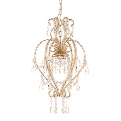 Metallic Scroll Frame Pendant Light Victorian style Single Light Gold Ceiling Lamp with Dangling Crystal Accents