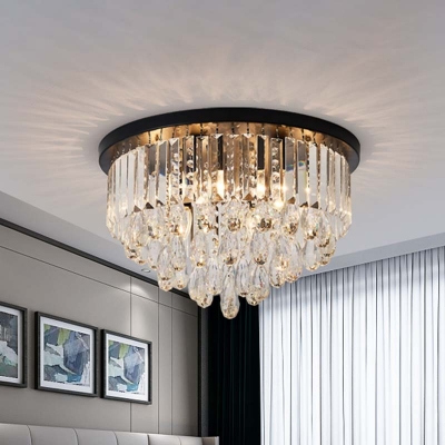 Modern Cylinder/Cone Crystal Flush Light Fixture 4 Lights Flush Mount Lamp in Black for Living Room