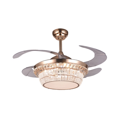 Modern LED Ceiling Fan Light Gold Beaded Semi Flush Mount Light with Crystal Block, Frequency Conversion/Wall Control/Remote Control