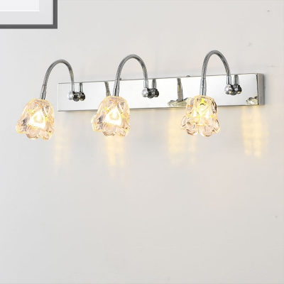 Modern Style Flower Vanity Sconce Light Clear Glass 3 Lights Bathroom Wall Lamp with Gooseneck Arm in Silver