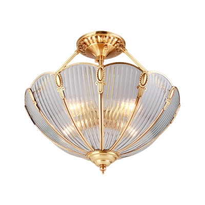 Prismatic Glass Bowl Ceiling Lighting Colonial 3 Heads Dining Room Semi Flush Mount Light Fixture in Brass