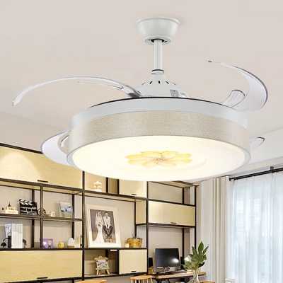 Whisper Quiet Drum LED Ceiling Fan Modern Style Acrylic 6 Wind Speed 8 Reversible Blade Semi Flush Mount Light in White