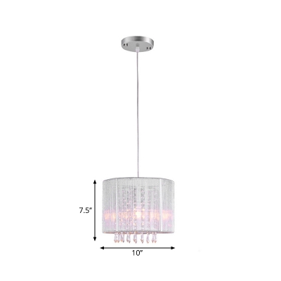 White Fabric Shade Drum Hanging Lamp with Clear Crystal Prisms Single Light Modern Pendant Light