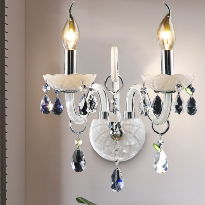 White Glass Candle Sconce Light Modern 1/2 Heads Wall Mount Light with Teardrop Crystal Drop