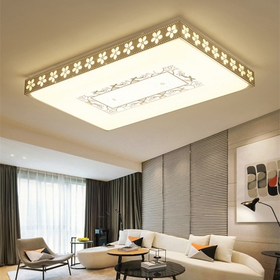 White Rectangle Flush Mount Lighting Modern Crystal LED Living Room Ceiling Fixture in Warm/White/3 Color Light