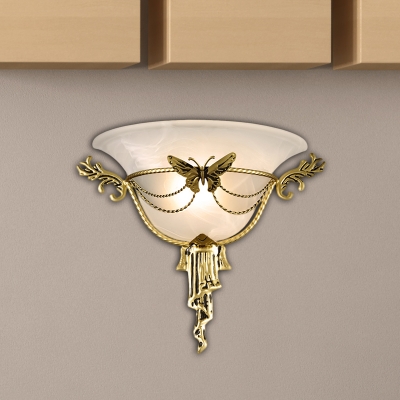 Wide Flared White Glass Wall Light Colonial 1 Head Flush Mount Wall Sconce with Brass Metal Butterfly for Living Room