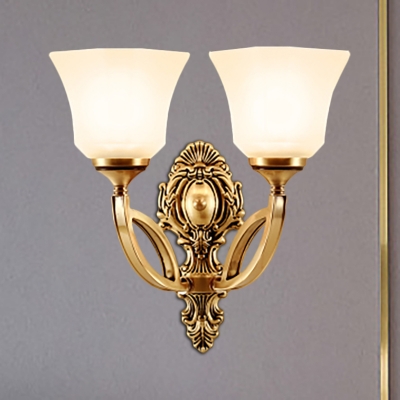 1/2-Head Wall Mount Lighting Vintage Style Bell Opal Glass Wall Sconce Lamp with Golden Metal Backplate