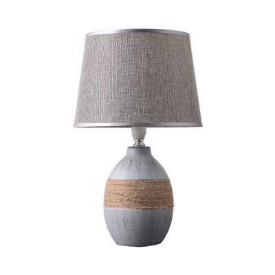 1-Light Drum Shape Nightstand Lamp Traditional Flaxen/Grey Fabric Desk Light with Trapezoid/Oval/Globe Ceramic Base