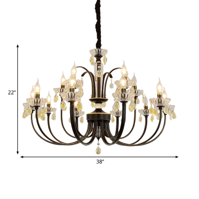 12/15 Heads Candle Ceiling Hanging Light Traditional Living Room Lighting in Black with Crystal Drop