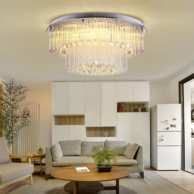 2 Layers Crystal Rod Ceiling Light Fixture Modern Nickel LED Flush Mount Light for Living Room