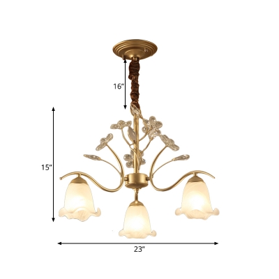3/6/8-Light Ruffle Glass Chandelier Antique Golden Scalloped Pendant Light Fixture with Crystal Accent