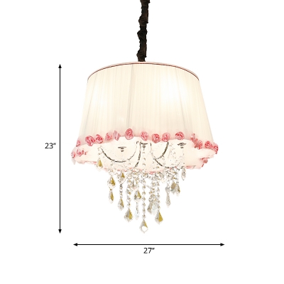 4 Lights Tapered Chandelier Lamp with Crystal Bead and Flower Modern Gathered Fabric Shade Pendant Light for Girls