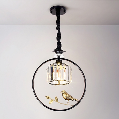 Black/Gold Metal Ring Lighting Pendant with Bird Country 1 Light Ceiling Light with Cylinder Crystal Block Lampshade
