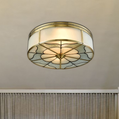 Brass 3 Lights Flush Mount Fixture Colonialism Curved Frosted Glass Drum Ceiling Mounted Light for Bedroom