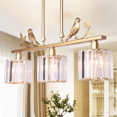 Clear Crystal Drum Shade Chandelier Lamp Modern 3 Heads Hanging Light Fixture with Bird Accent in Black/Gold