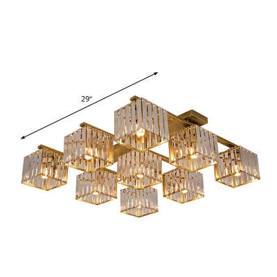Contemporary Square Flush Mount Light Three Sided Crystal Rod 4/6/9 Heads Living Room Ceiling Lamp in Gold/Black