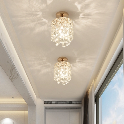 Cylinder Mini Semi Flush Ceiling Light Simplicity Crystal 1 Light Golden Corridor Flush Mount Ceiling Lamp