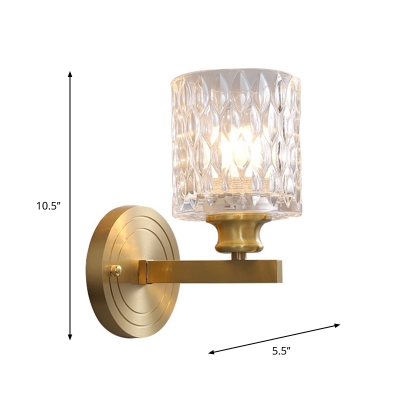 Cylindrical Bedroom Wall Sconce Clear Dimpled Glass 1 Bulb Modernist Style Wall Lighting Fixture in Gold