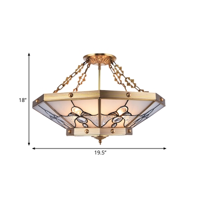 Frosted Glass Brass Ceiling Flush Cone 4 Heads Colonialist Semi Mount Lighting for Bedroom, 16