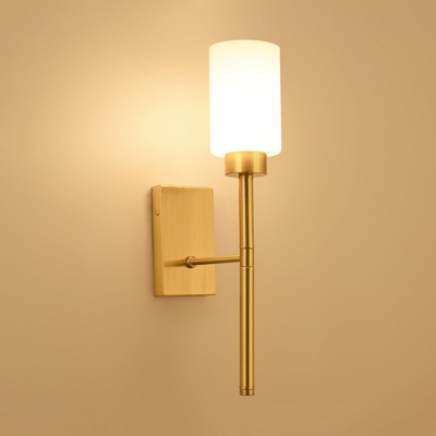 Ivory Glass Cylinder Wall Lamp Modernist Style 1/2-Bulb Living Room Wall Sconce Lighting with Brass Pencil Arm