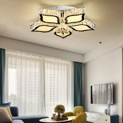 LED Living Room Ceiling Mounted Fixture Simple Chrome Flush Mount Light with Flower Crystal Shade, 3 Color Light/Remote Control Stepless Dimming