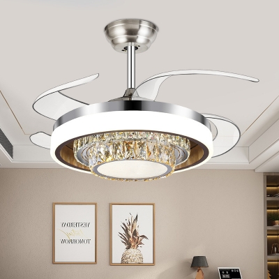 Modern Circular Ceiling Fan Light Cut Crystal Led Flush Mount in Silver with Remote Control/Frequency Conversion