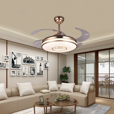 Modern LED Ceiling Fan Light Gold Drum Semi Flush Mount Lighting with Metal Shade in White