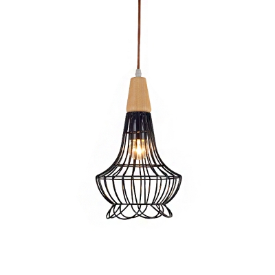 Pear/Diamond/Gourd Cage Pendant Lamp Fixture Metallic Vintage 1 Head Ceiling Hanging Light in Black