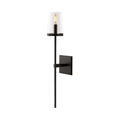 Tapered Fabric/Glass Shade Wall Sconce Vintage 1 Bulb Clear/White Wall Mounted Lighting with Black/Brass Bar