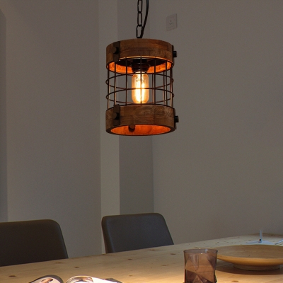 Traditional Cylinder Hanging Ceiling Light 1 Light Wood Pendant Lamp in Brown for Dining Room