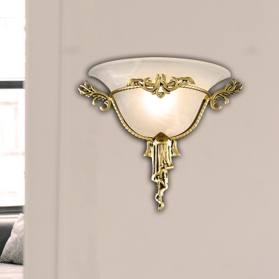 Trumpet Flare Sconce Light Colonization Milk Glass 1 Bulb Wall Mounted Lamp with Copper/Brass Carved Metal Deco
