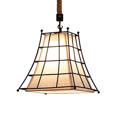 Wire Frame Flared Hanging Lamp with Fabric Shade 1 Light Rustic Suspension Light in Black