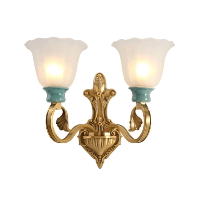 1/2-Bulb Petal Wall Sconce Traditional Stylish Frosted Glass and Green Ceramic Wall Lighting in Gold