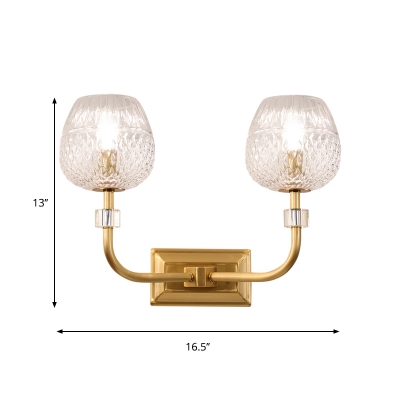 1/2-Head Hallway Wall Light Fixture Modernism Golden Wall Sconce Lamp with Dome Clear Lattice Glass Shade