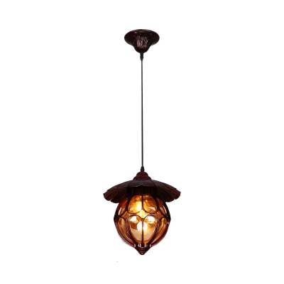1 Light Globe Ceiling Lamp Farmhouse Copper Amber Glass Pendant Lighting Fixture for Dining Room with Scalloped Deco