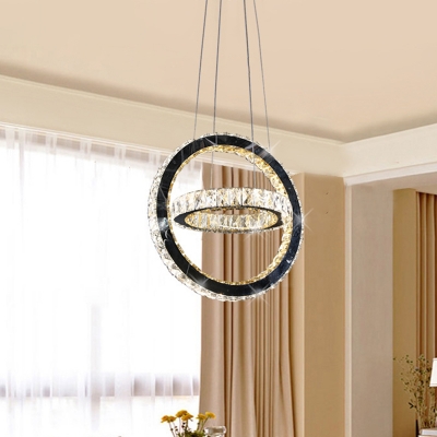 Black LED Hanging Chandelier Modern Style Crystal Ring Pendant Lighting Fixture for Living Room