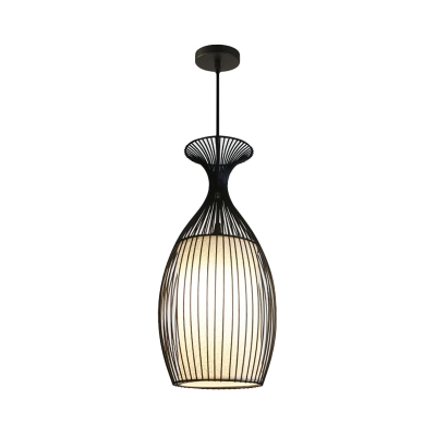 Black Round/Gourd/Lantern Pendant Ceiling Light Country Fabric 1 Light Living Room Hanging Lamp